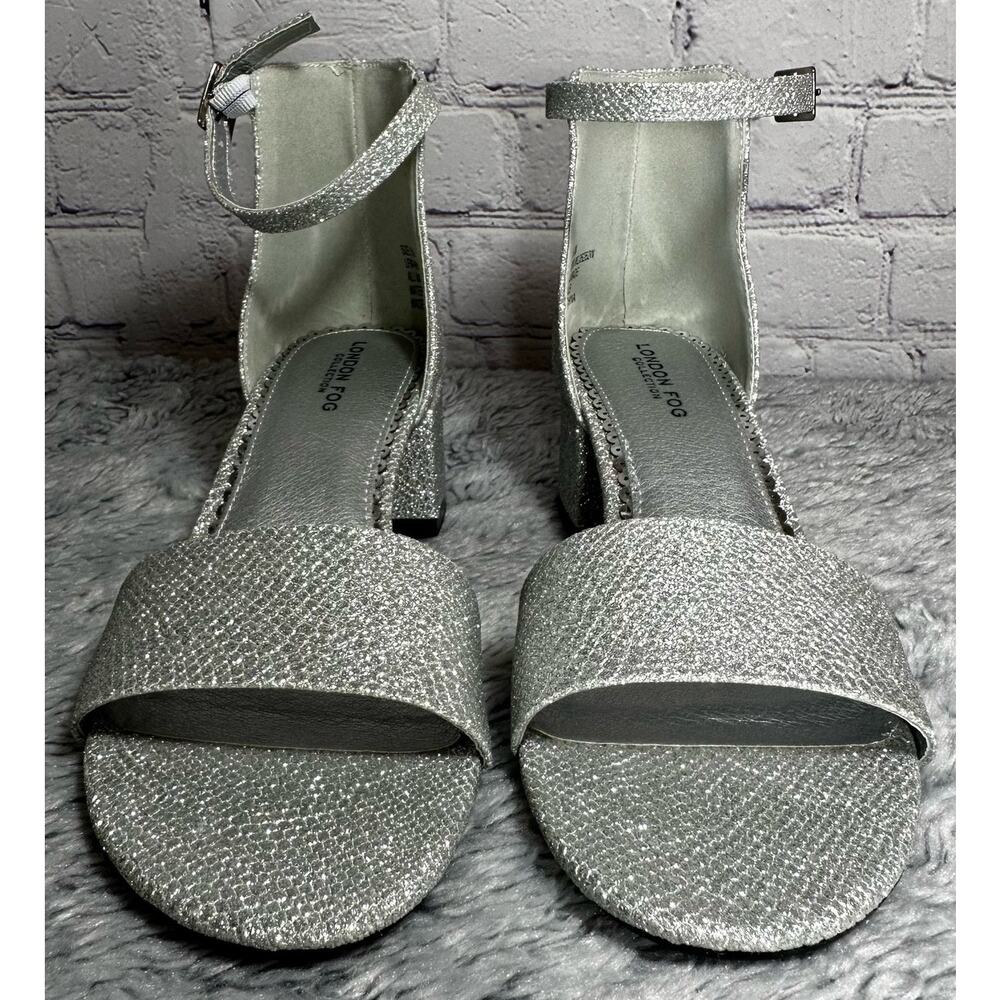 London Fog Nikki Silver Glitter Ankle Strap Block Heels 6.5M Bling Pumps Wedding - Picture 5 of 9